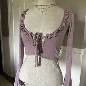 Purple Long Sleeve Ruffled Tie Front Crop Blouse/Miss Taro Knit Top